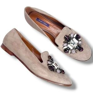 Ralph Lauren Purple Label Suede Jeweled Loafers Crystal Embellishment Shoes 38.5